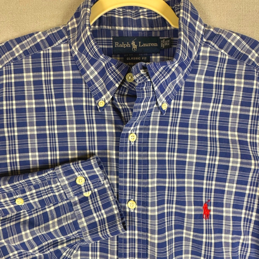 Ralph Lauren Button Down Shirt Mens 16.5 Blue Plaid Long Sleeve Classic Fit